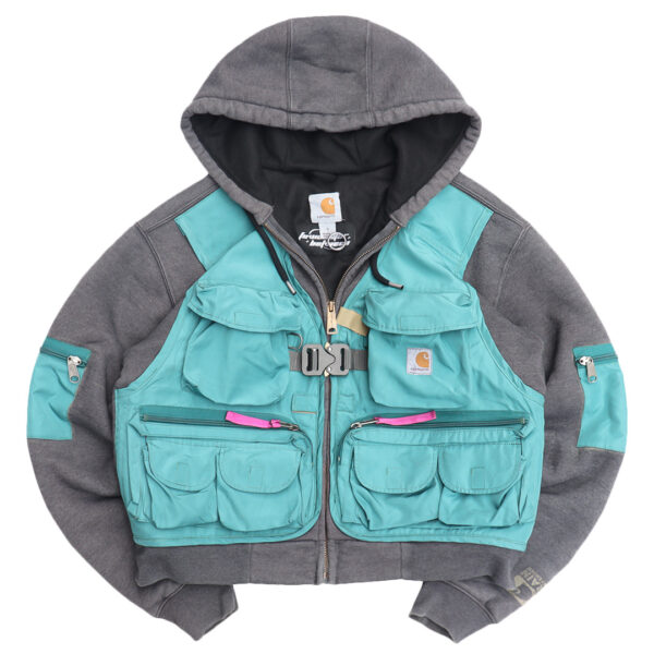 Reworked Carhartt RD Zip-Up Tactical Boxy Hoodie Grey Teal Blue