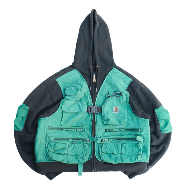 Reworked Carhartt RD Zip-up Tactical Boxy Hoodie Black Teal