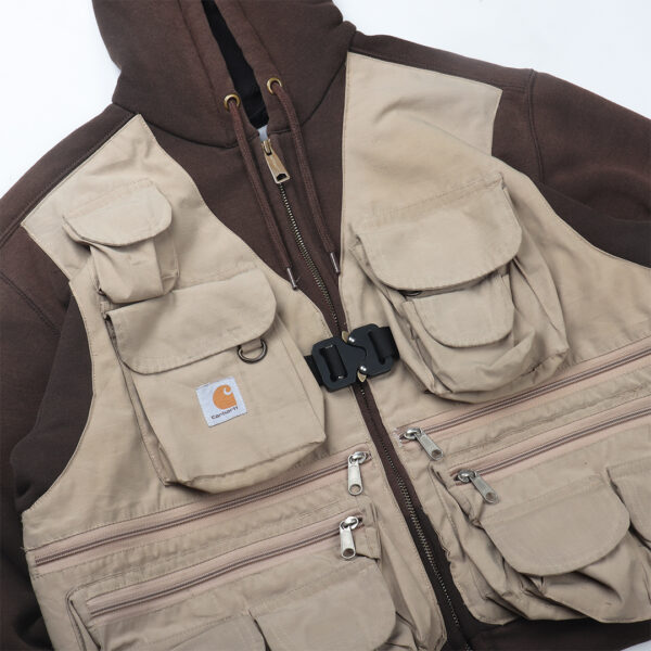 Reworked Carhartt RD Zip-up Tactical Boxy Hoodie Brown