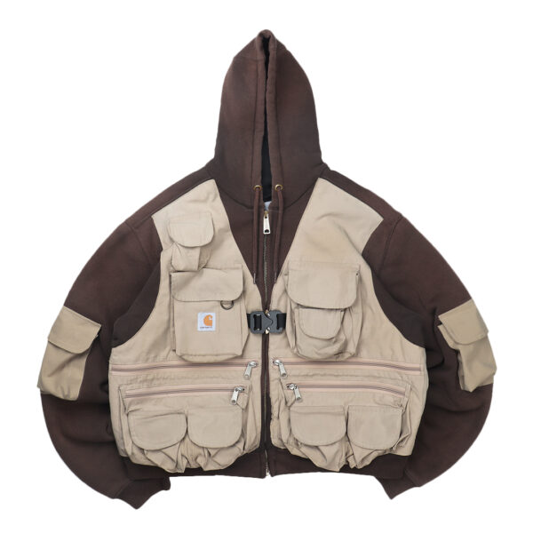 Reworked Carhartt RD Zip-up Tactical Boxy Hoodie Brown