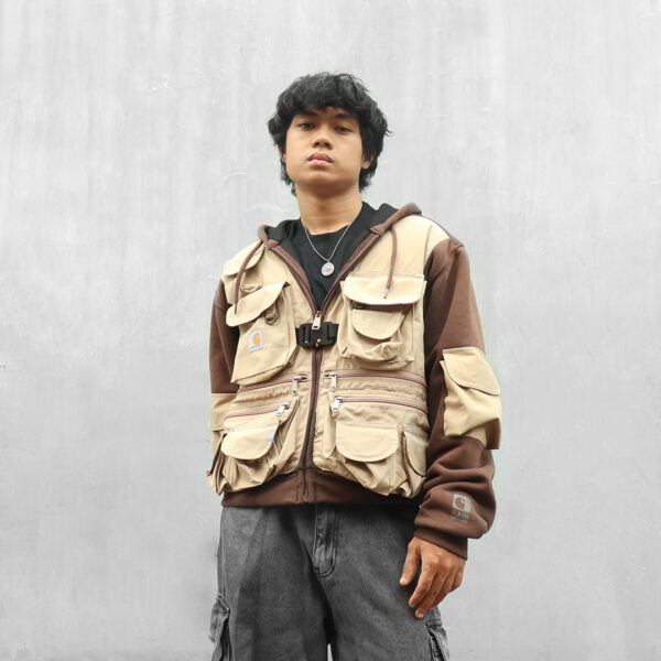 Reworked Carhartt RD Zip-up Tactical Boxy Hoodie Brown